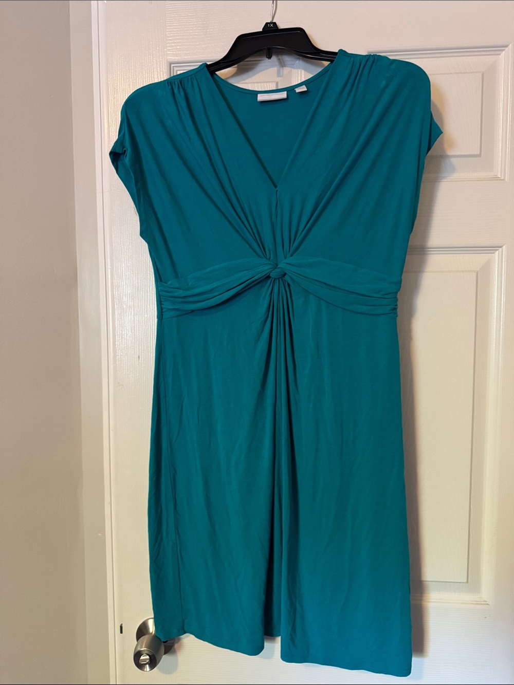 New York & Company Teal Knot-Front V-Neck Dress